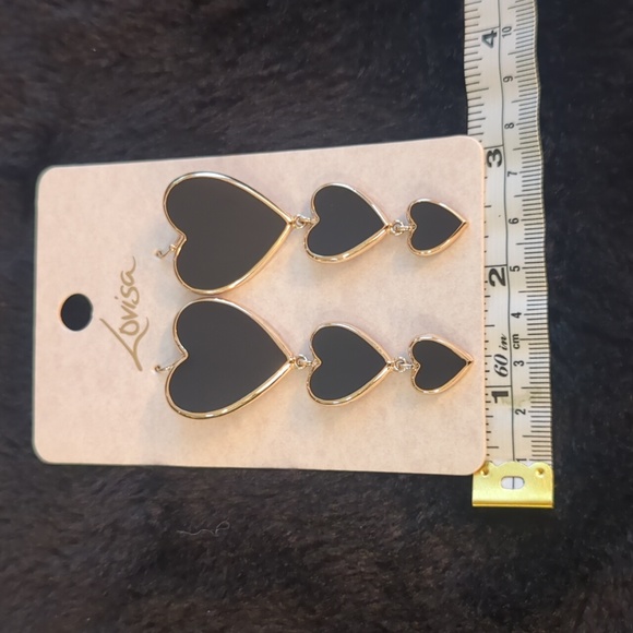 Lovisa Black & Gold Tiered Hearts Enamel Statement Dangle Drop Earrings New - Picture 7 of 8